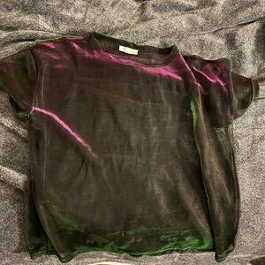 Silence + Noise Black Sheer Top with Pink and Green Highlights